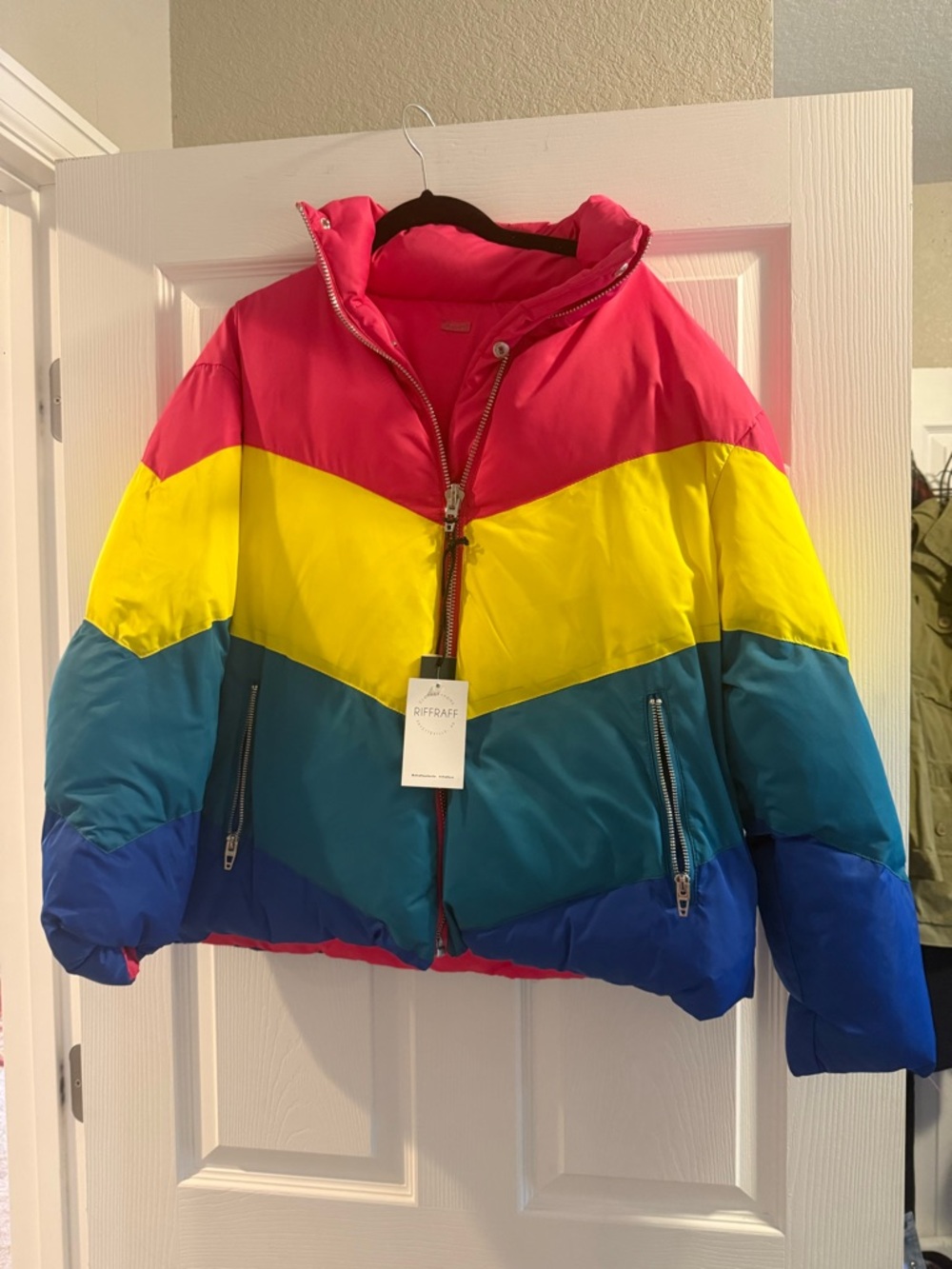 Women’s Colorblock Puffer Jacket - Pink, Yellow & Blue